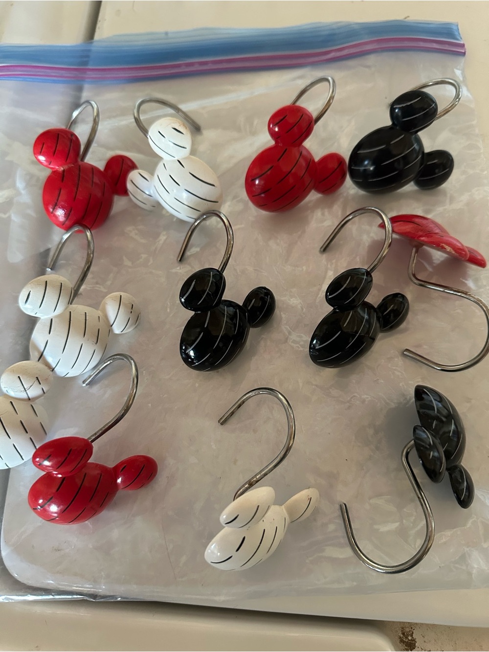 Disney Mickey-Style Shower Curtain Hooks in Red, White & Black Set of 12